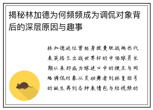 揭秘林加德为何频频成为调侃对象背后的深层原因与趣事 揭秘林加德为何频频成为调侃对象背后的深层原因与趣事
