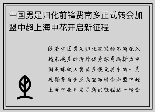 中国男足归化前锋费南多正式转会加盟中超上海申花开启新征程